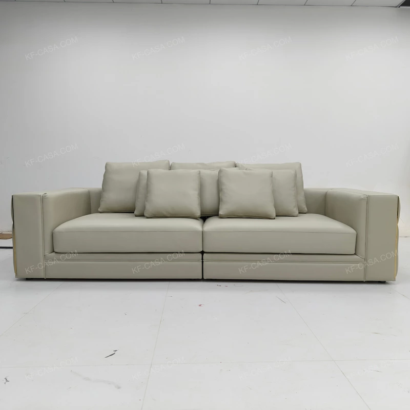 Modern Luxury Modular Leather Sofa with Grid Tufted Craftsmanship & Polished Gold Stainless Steel Accents